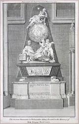 Det nysgerrige monument i Westminster Abbey opført til minde om Sir Isaac Newton, 1754
